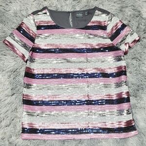 New York and Company Pink & Silver Striped Sequin Short-Sleeve Blouse, Medium